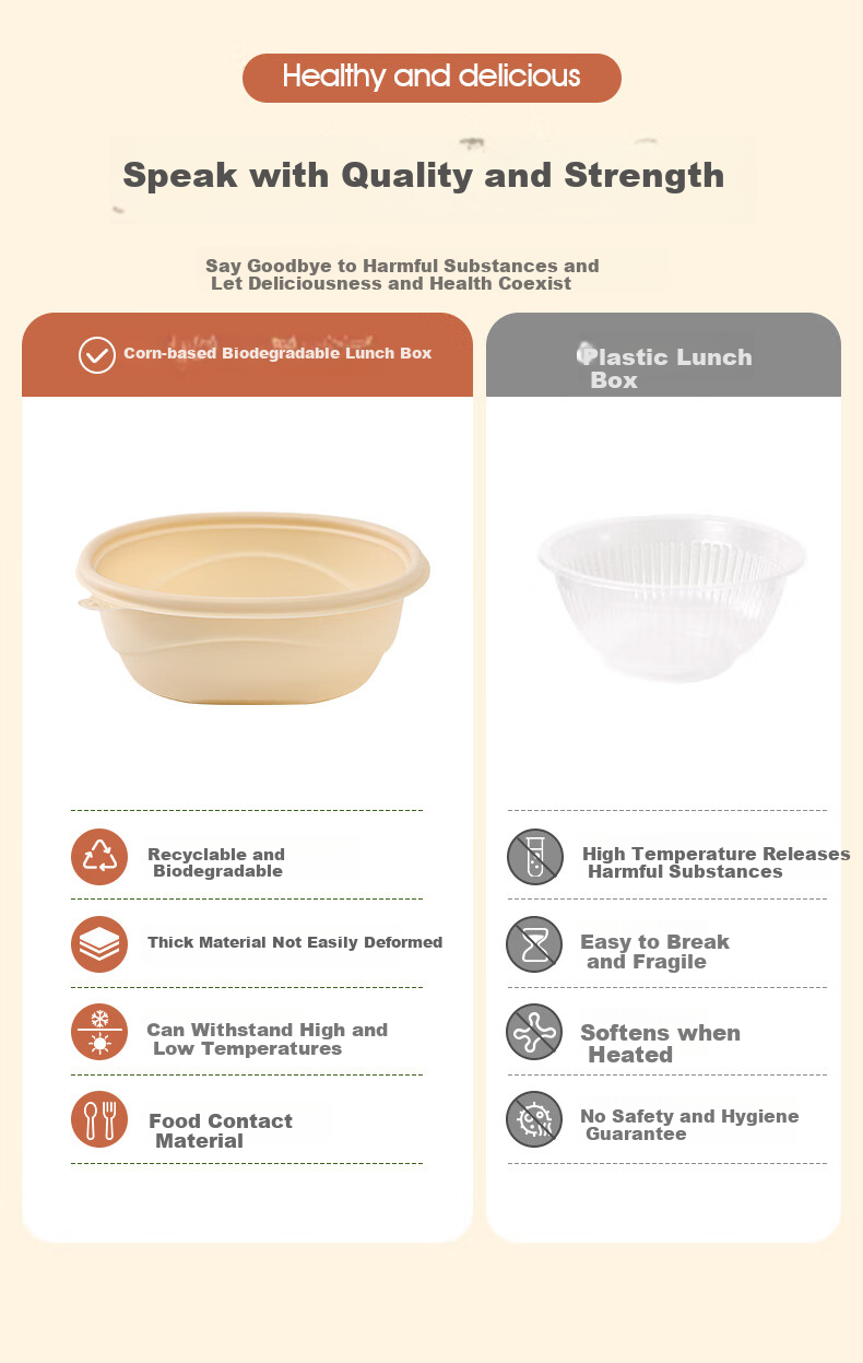 Yunlei Disposable Bowls, Round Lunch Boxes with Lids, Takeout Containers, Thickened Corn Starch Tableware for Soup And Rice, 350ml*50 Pieces 3