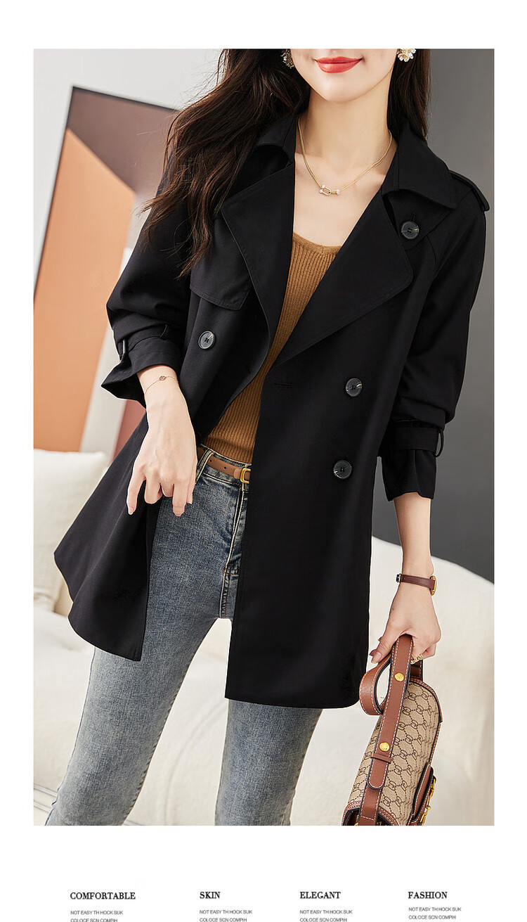 Dme Double-Breasted Trench Coat, Spring And Autumn Suit Collar H-Type Double-Breasted Long-Sleeve Trench Coat for Women, Mid-Length Style, Deep Khaki, S 6
