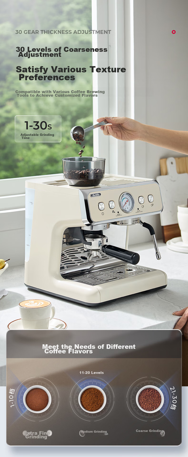 Barsetto [Mid-Autumn Festival Gift] Coffee Machine for Home And Office, Small Semi-Automatic Italian Grinding All-In Steam Milk Frother with Dual Pumps And Dual Heating, Bean Grinder BAE01 Black 11