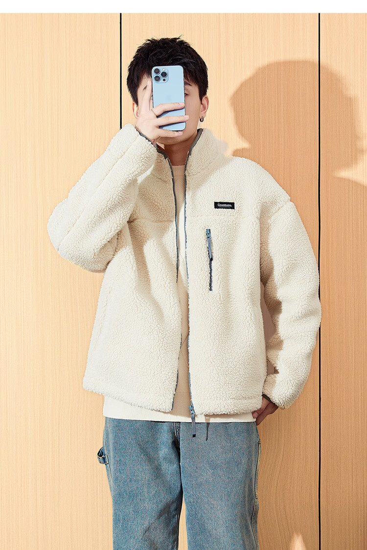 TonLion Autumn And Winter Stand-Collar Front Chest Pocket Sleeve Small Label Relaxed Fleece-Like Lambswool Short Thick Coat 9