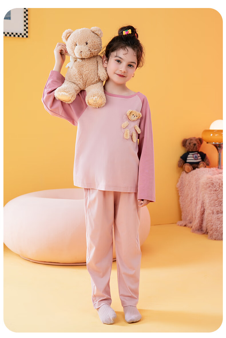 Fenteng Children's Pajamas for Girls, 100% Cotton Spring Season Three-Dimensional Bear Raglan Sleeve Sleepwear for Older Kids Q9FX257930976 15