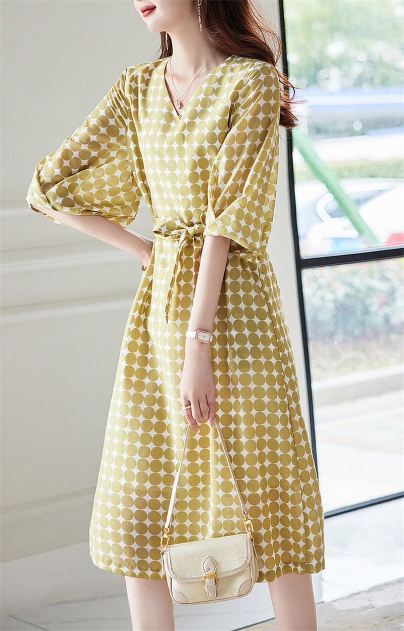 Dme Commuting Polka Dot Vintage Dress Summer V-Neck Lantern Sleeve Chiffon Mid-Length Dress for Women 18