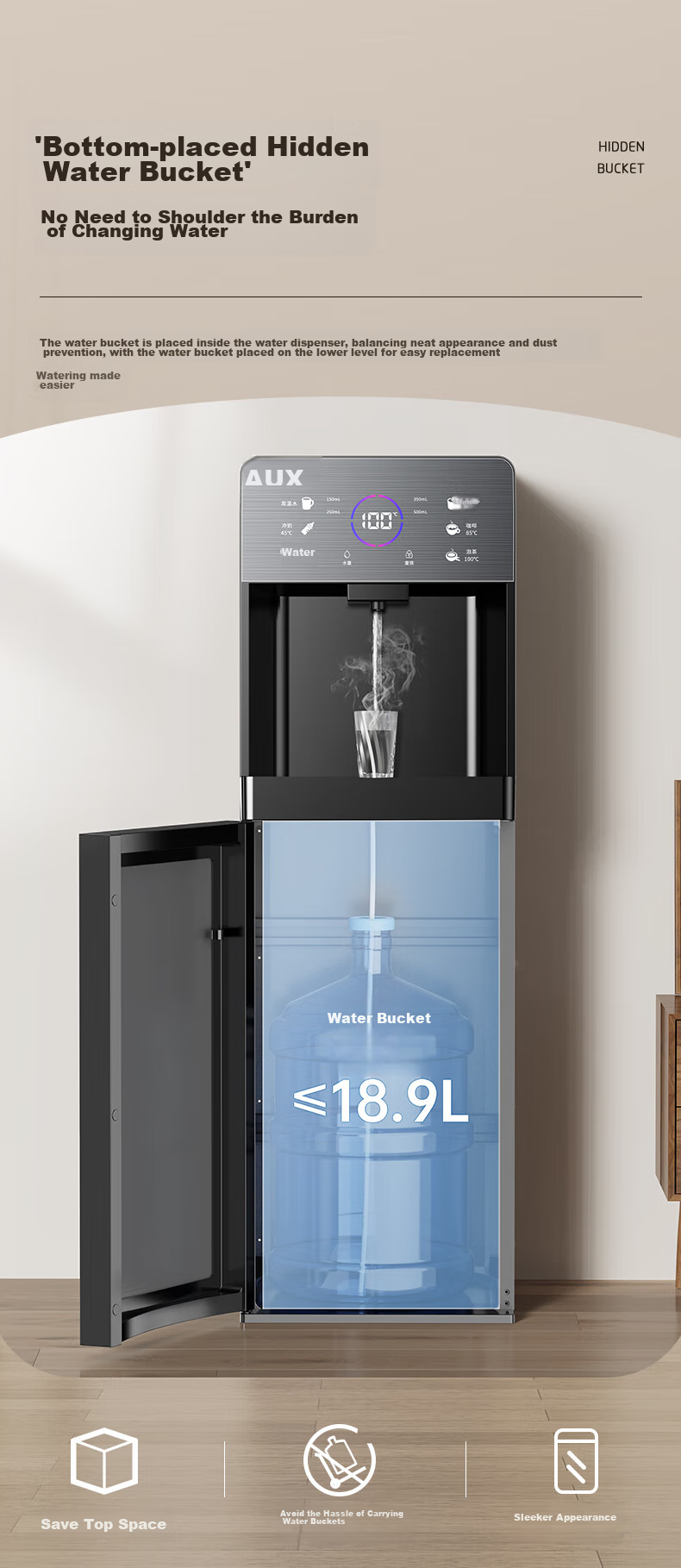 AUX Instant Hot Water Dispenser, Bottom-Loading Household Thermos Cup, Milk-Making Stand-Up Warm-Type Rapid Heating Bottom-Placed Water Bucket Dispenser, Instant Hot Drinking Gray Warm-Type YJX-01 8