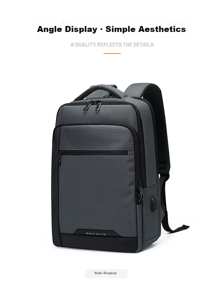 GOLF Backpack for Men, Large Capacity 15.6-Inch Laptop Backpack, USB Interface with Multiple Compartments, Business Casual Travel Bag for Students, Dark Gray with Black 20