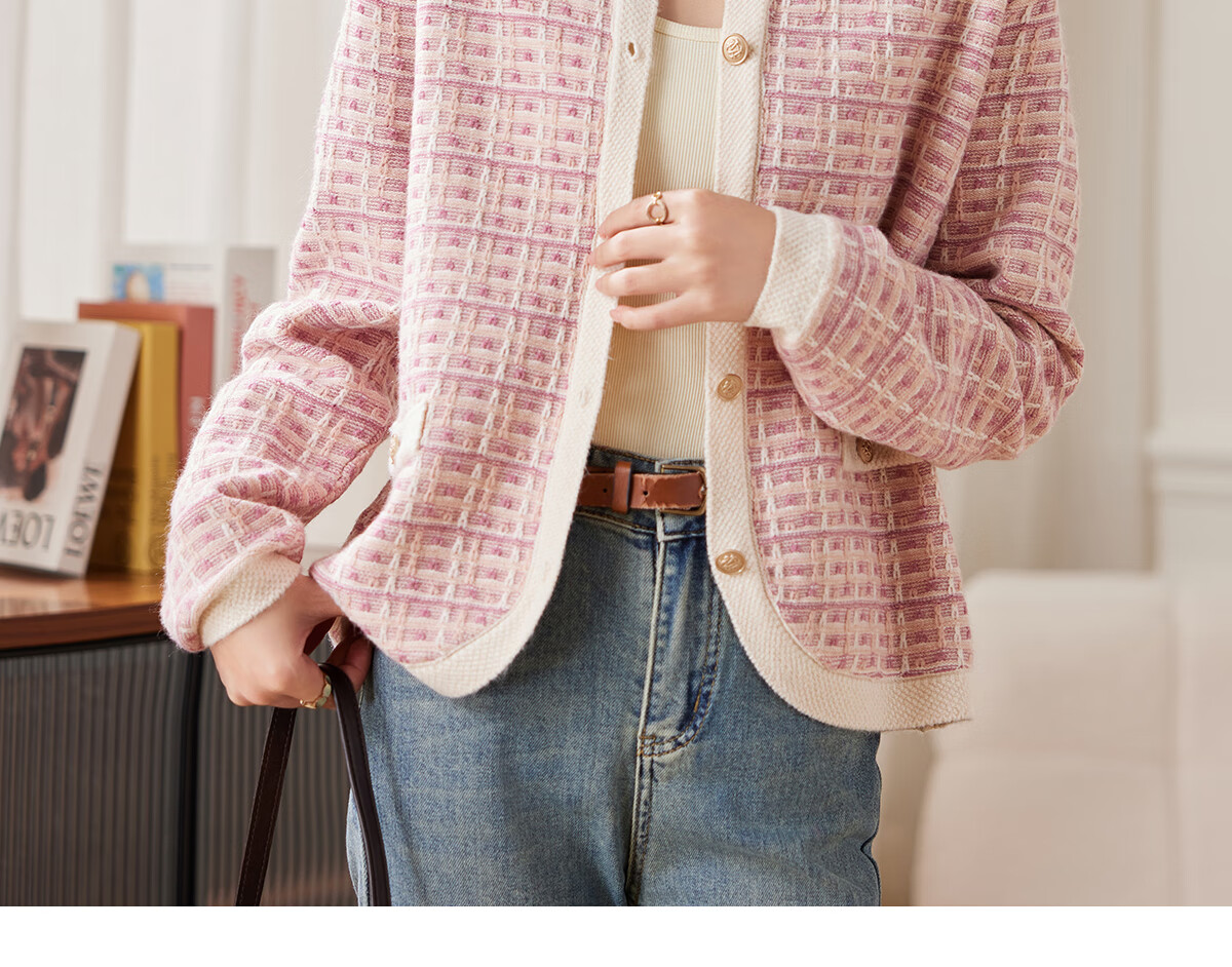 PinCai Women's Loose Plaid Jacquard Knit Cardigan Elegant Youthful Knit Jacket P143Z1001 16
