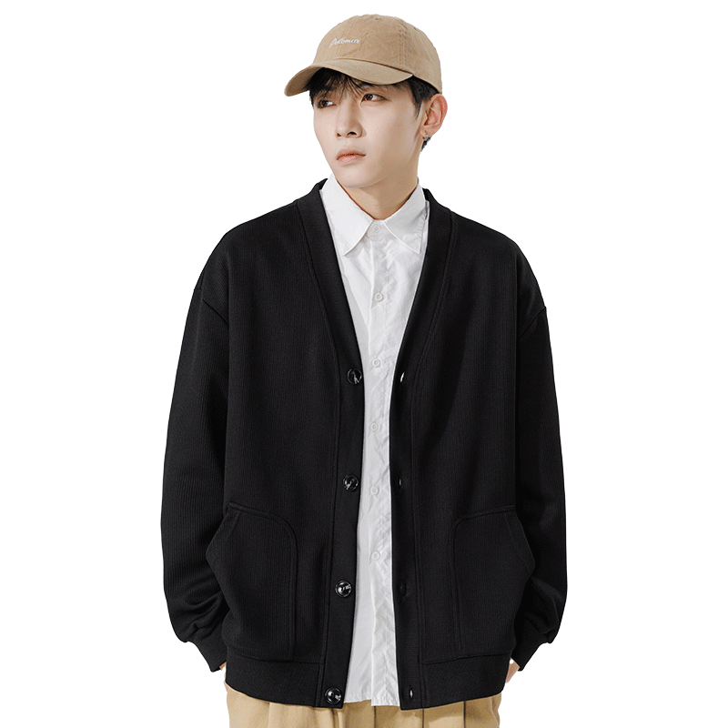 MMOPTOP Japanese-Style Solid Color Knit Sweater, Long-Sleeved Men's Spring And Autumn Vintage Loose V-Neck Cardigan MT2350 Black M