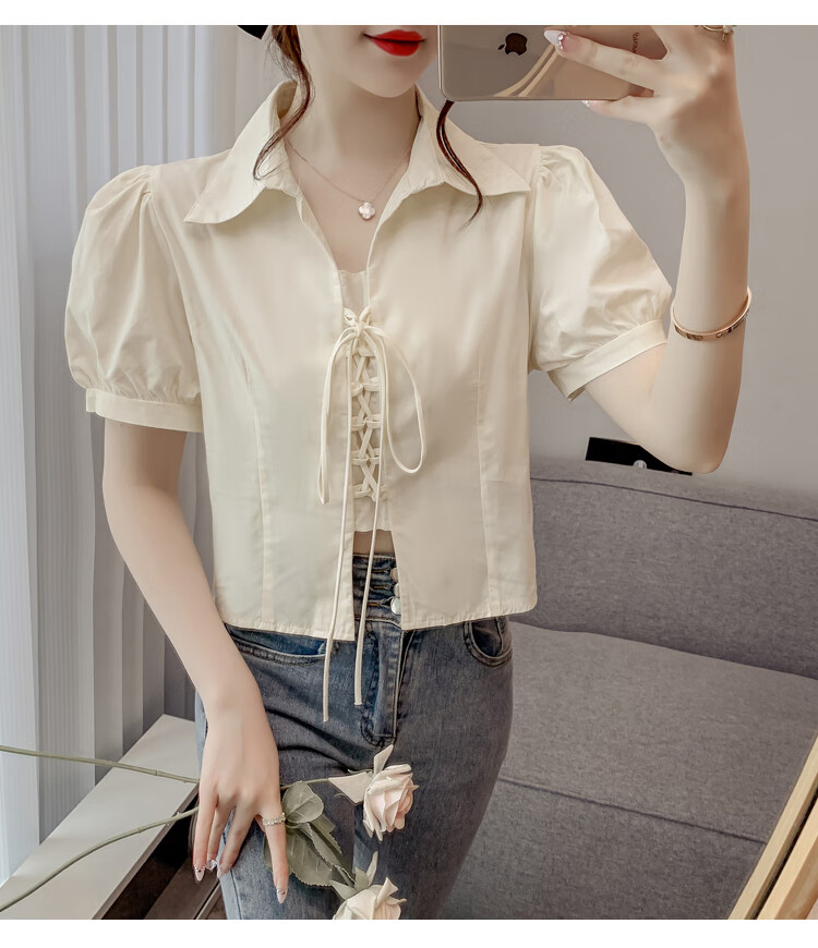 JEANSWEST Women's Summer 2025 Loose Puff Sleeve Short Sleeve Crop Shirt White L 12