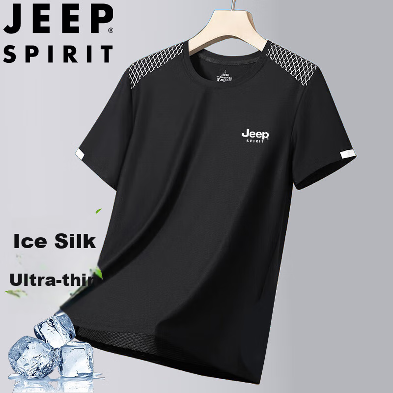 JEEP SPIRIT Men's Short-Sleeve T-Shirt, Summer Half-Sleeve, Ice Silk Quick-Dry Round Neck, Casual Comfortable Breathable, Black, XL