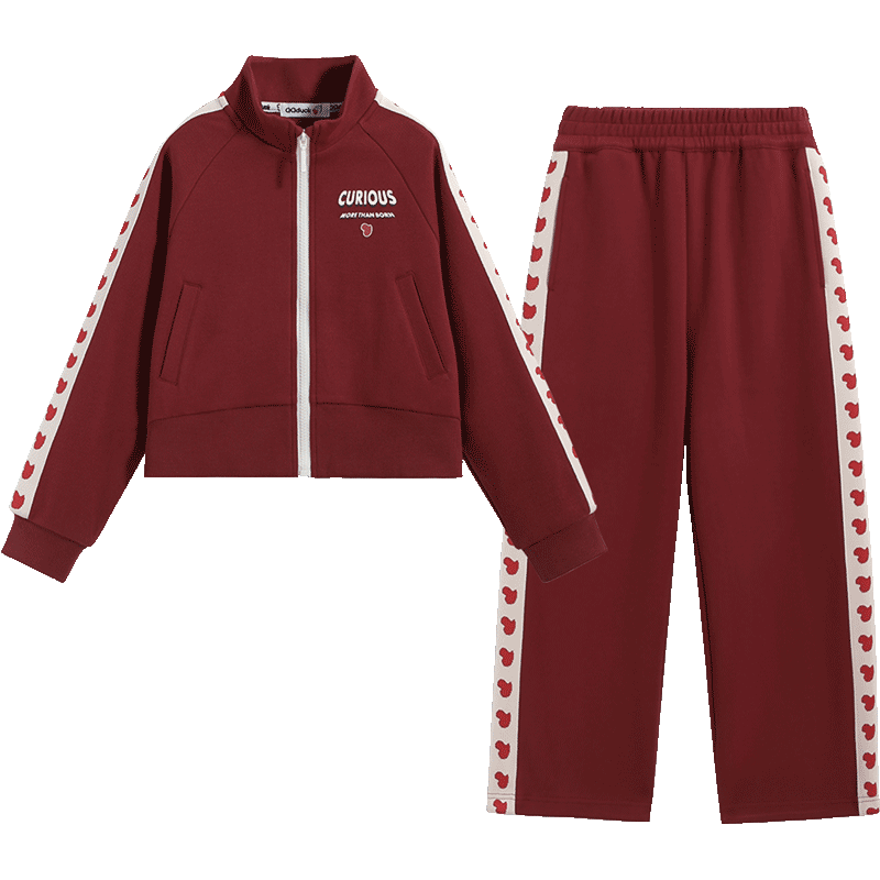 QQ DUCK Children's Sportswear Set, Girls' Jacket And Pants Two-Piece Outfit, Student Clothes, Heart-Shaped Little Duck Design, Wine Red; Size 150