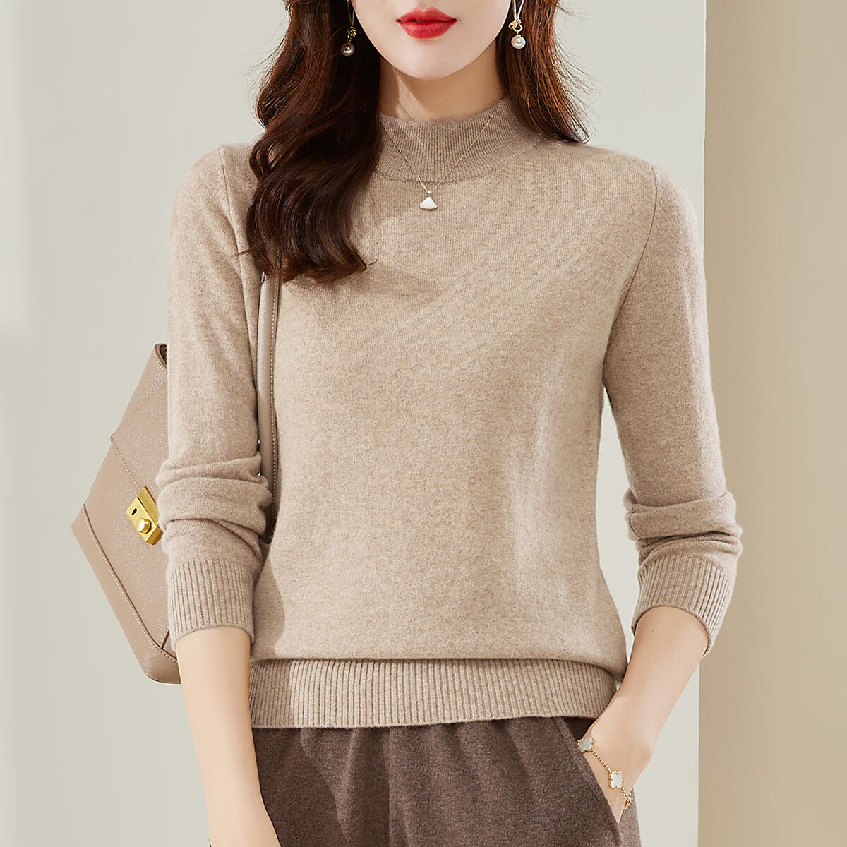 Jinju [100% Wool] Autumn And Winter Warm Semi-Turtleneck Base Layer Sweater, Women's Knitted Sweater, Light Autumn Apricot, XL