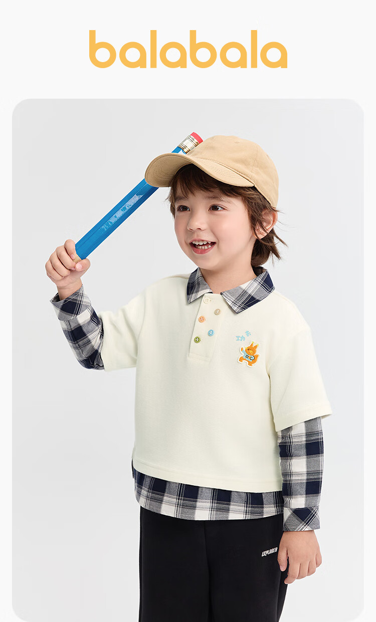 BALABALA Boys' Sweatshirt, Plaid Patchwork Faux Two-Piece Long-Sleeve Top, Autumn Wear, Preppy Style, 209325121101 1