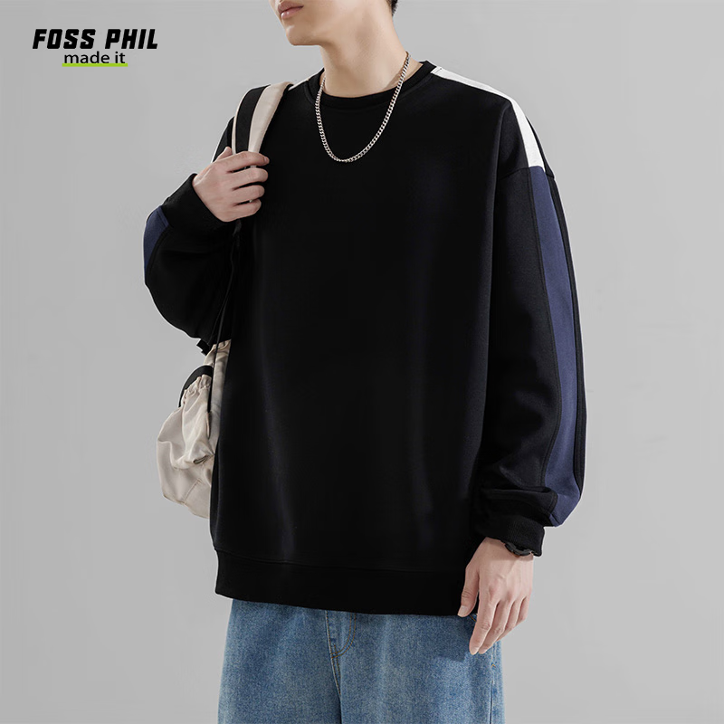 Foss Phil Crew Neck Sweatshirt for Men, Spring And Autumn Loose Casual Patchwork Color-Block Trendy T-Shirt Top, 8883 Black 3XL
