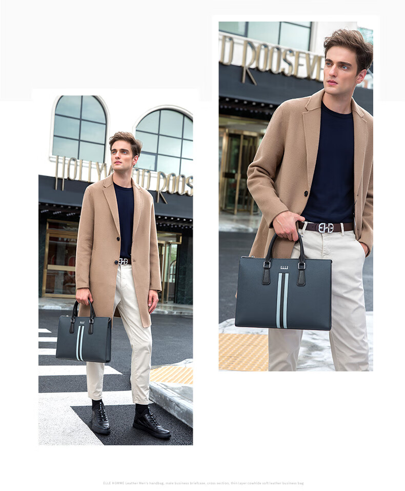 ELLE HOMME Men's Business Briefcase, Stylish Horizontal Leather Handbag with Large Capacity for Laptop, EA988200310, Blue 2