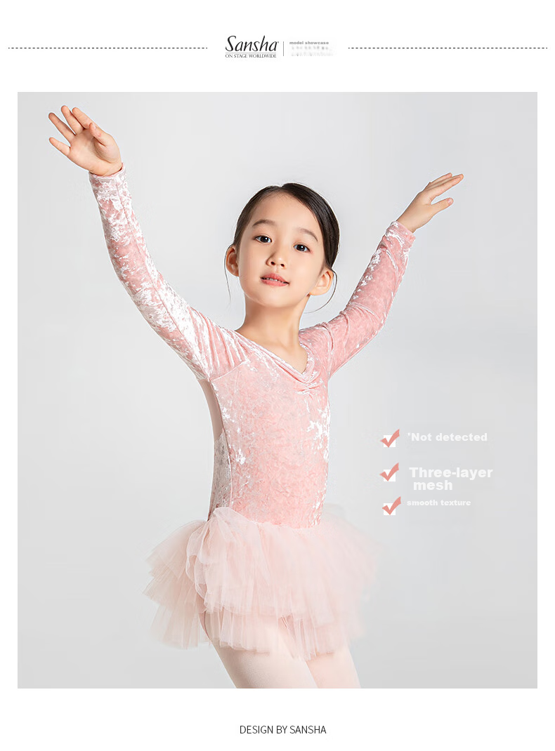 Sansha Ballet Puffy Skirt Children's Dance Costume Autumn Winter Diamond Velvet Long-Sleeve Practice Skirt with Open Crotch, Coral Color, S 3