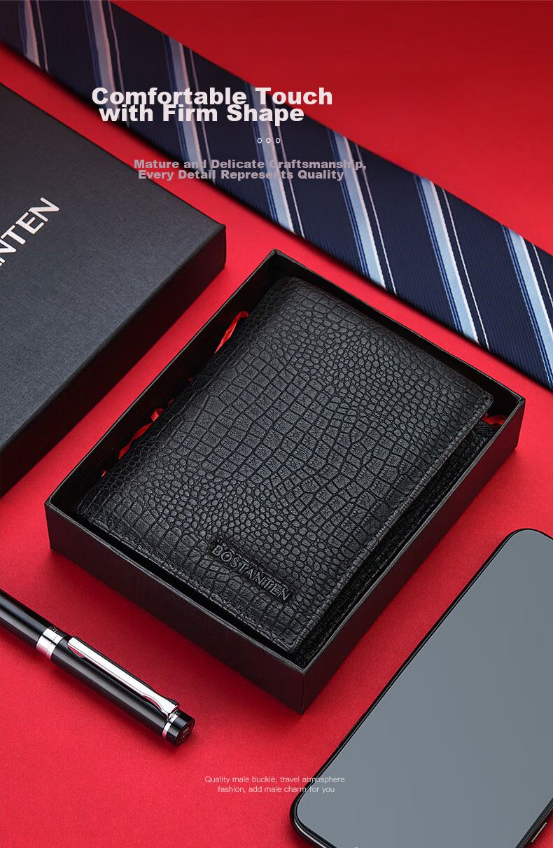 BOSTANTEN Men's Wallet, Short Style, Top-Layer Cowhide Leather, Student Foldable Multi-Card Holder, Korean-Style Clutch Wallet 6