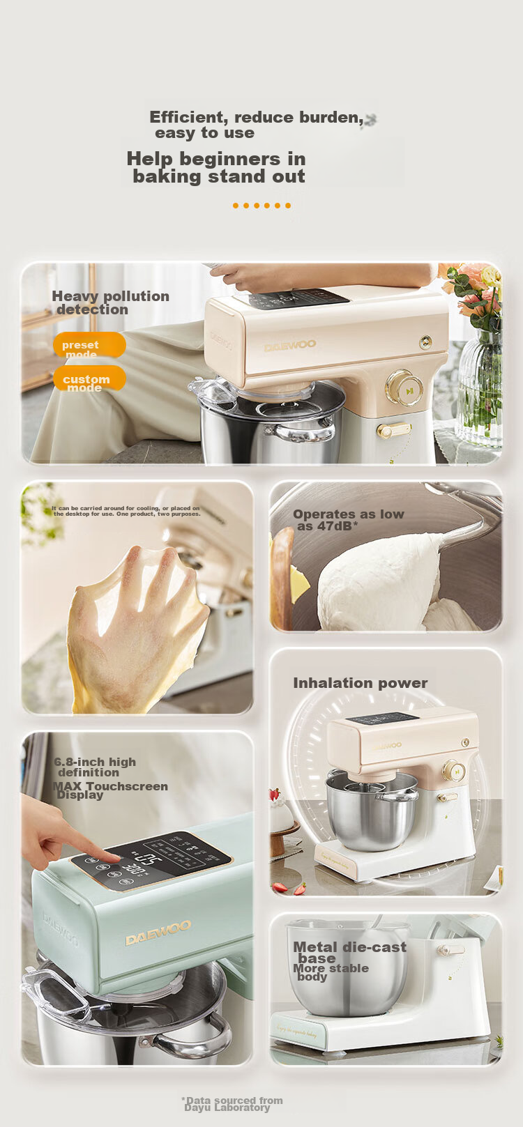 DAEWOO DY-CSJ05B White Household Small Fully Automatic Dough Mixer and Kneading Machine Chef Mixer Cooker 6
