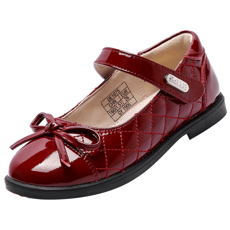 Belle Children's Shoes, Girls' Black Leather Shoes, Spring And Autumn Soft-Soled Kids' School Shoes, Big Children's Performance Shoes, Flats, Deep Red, Size 35