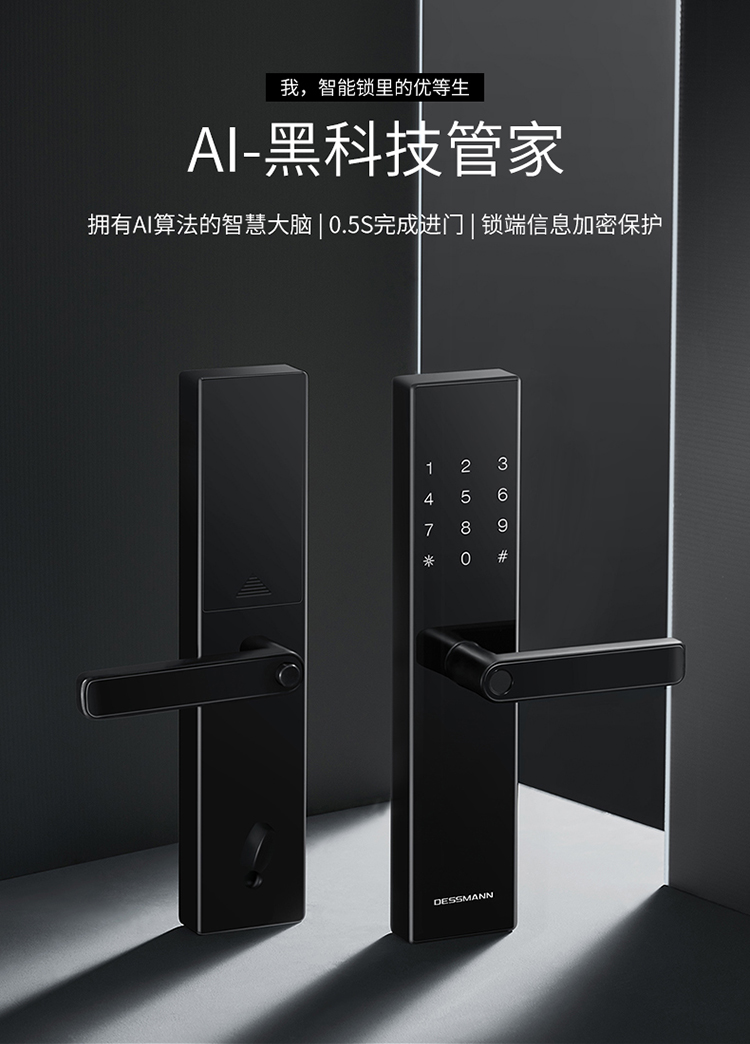 德施曼(dessmann)t11指纹锁智能家居屏下横桥防护全玻璃面板把手指纹