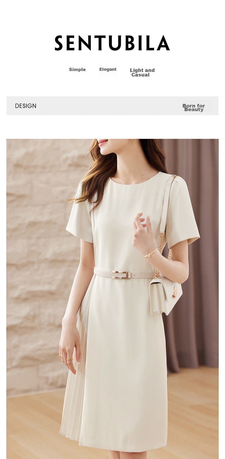 Sentubila Design-Inspired Patchwork Dress, Summer Elegant Pleated Skirt for Petite Figures, Apricot Color, Size S 1