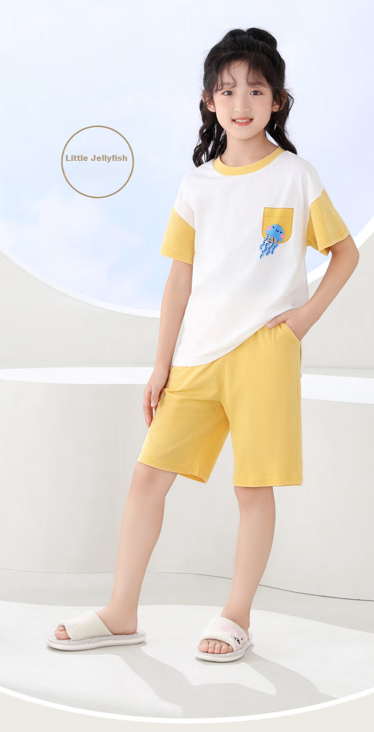 Hodohome Children's Pajamas, Boys' Summer Pure Cotton Loungewear, Big Kids Short-Sleeve Shorts Air Conditioning Suit Set, Size 315 One 165 14