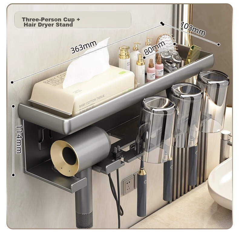 MUYA Electric Toothbrush Holder, Hair Dryer Stand, No Drilling Required, Bathroom Toothbrush Cup, Mouthwash Cup Hanger, Bathroom Wall-Mounted Rack 12