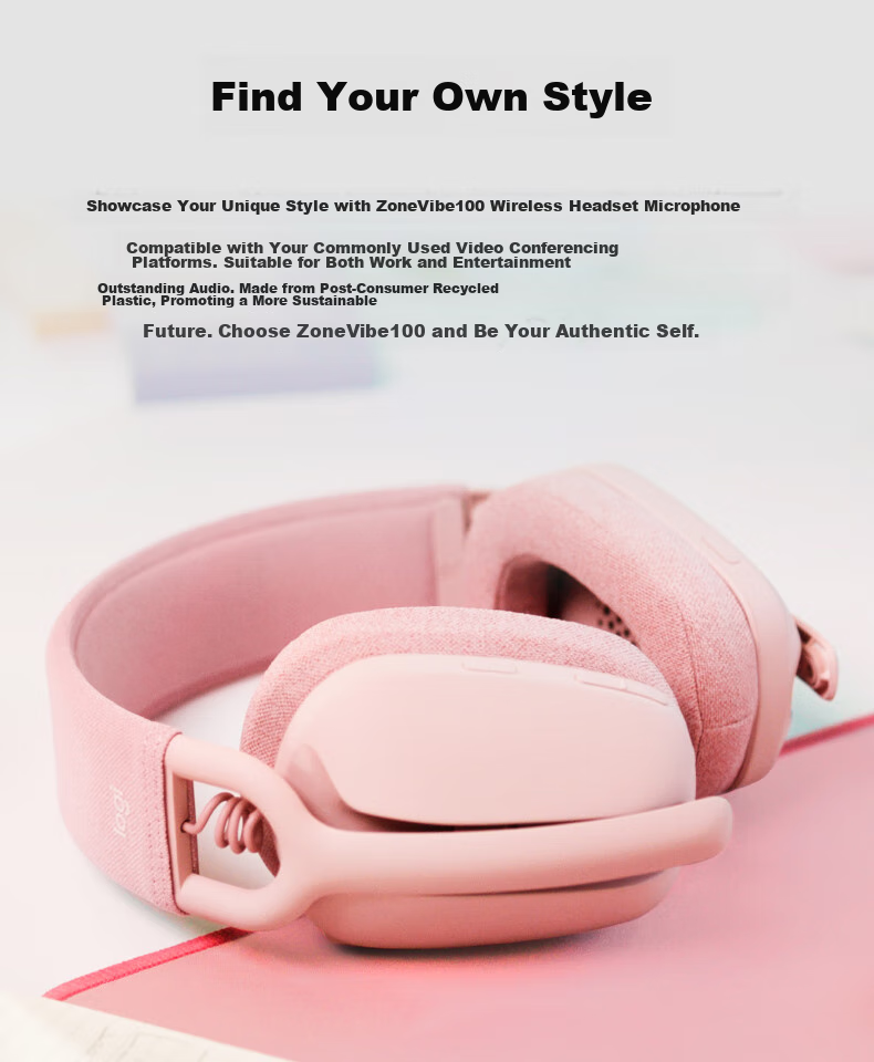 Logitech Zone Vibe 100 Bluetooth Headphones for Music, Office, And Casual Use with Microphone, Pink (A00167) 2