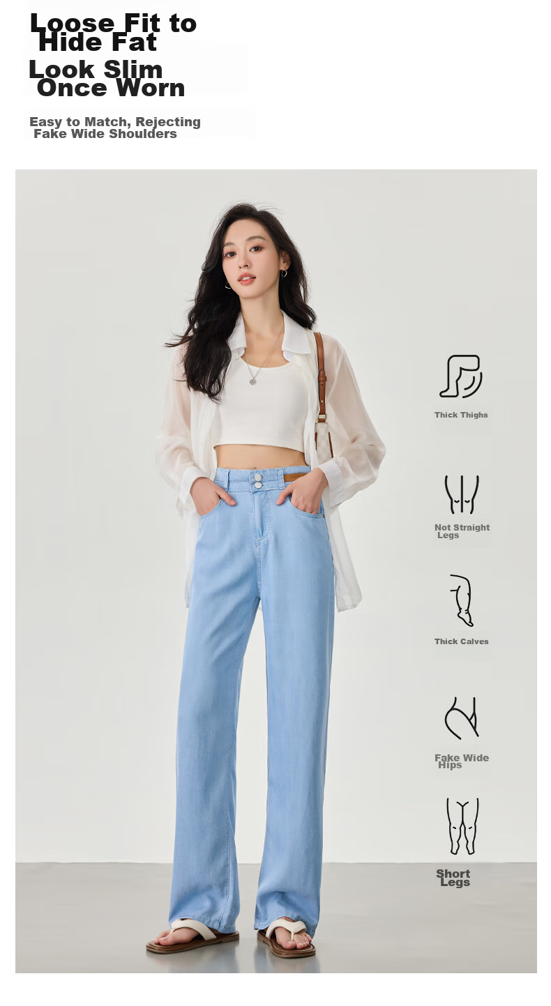 LangSha Tencel Straight-Leg Jeans for Women, Summer Lightweight High-Waist Double-Buckle Slimming Ice Silk Floor-Length Wide-Leg Pants 4