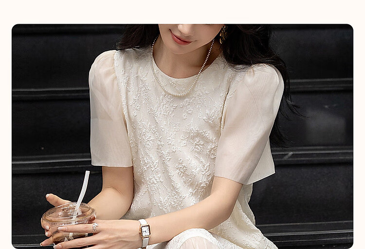 Dme [Open Lady's Daily Wear] Summer Round Neck Elegant Jacquard Patchwork Puff Sleeve Straight Bodycon Dress 5