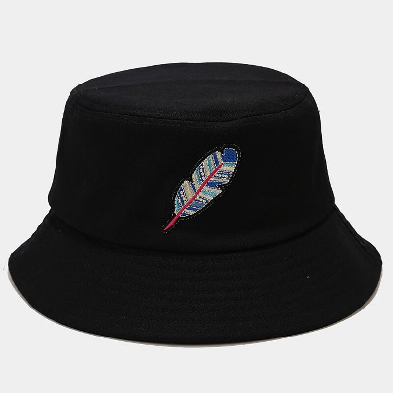 GLO-STORY Fisherman Hat for Men And Women, Ethnic Style Retro Feather Pattern Couple Bucket Hat Outdoor Versatile Sun Hat, Black Leaf Patter
