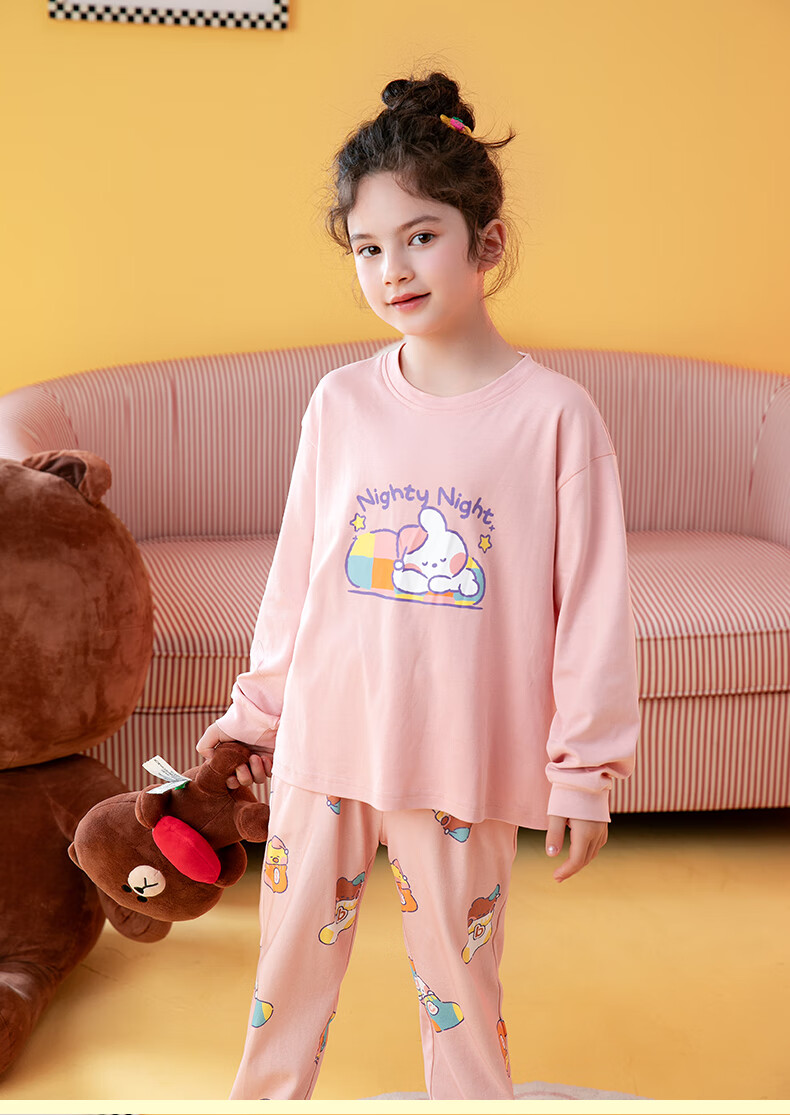 Fenteng Children's Pajamas, Girls' Brown Bear And Cony Rabbit Co-Branded Pure Cotton Sleepwear for Older Childre 38