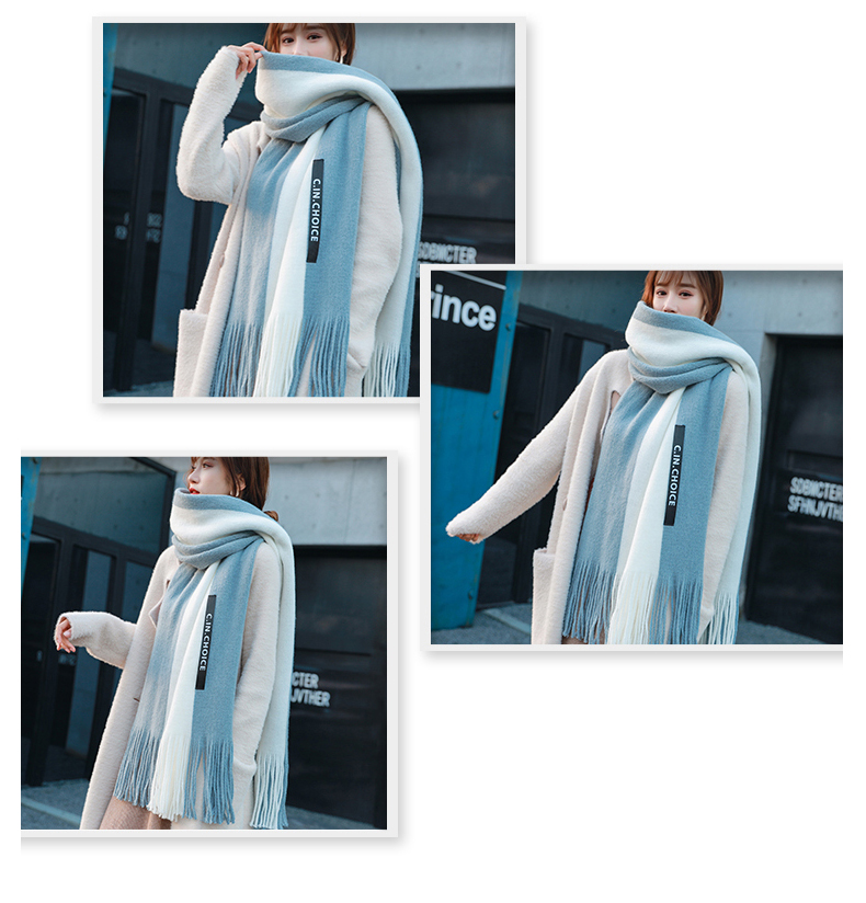皓顿(hautton)围巾女秋冬季蓝白少女可爱女式围巾围脖超长流苏撞色