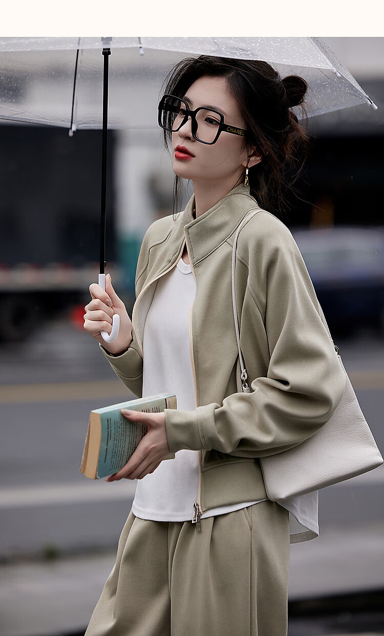 Dme [Wandering Outfit] Spring And Autumn Sporty Style Stand-Up Collar Double Zipper Long-Sleeve Top Casual Pants Women's Two-Piece Set 30