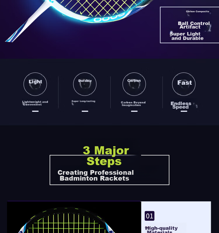 Yodiman Offense And Defense 4U Carbon Composite Training Badminton Racket, 8000 Single Racket (1 Piece) 2