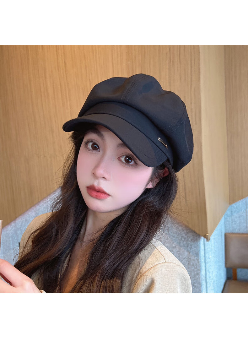 XUEXIMAN Women's Beret Hat Black Vintage Duckbill Octagonal Cap Large Head Circumference 12