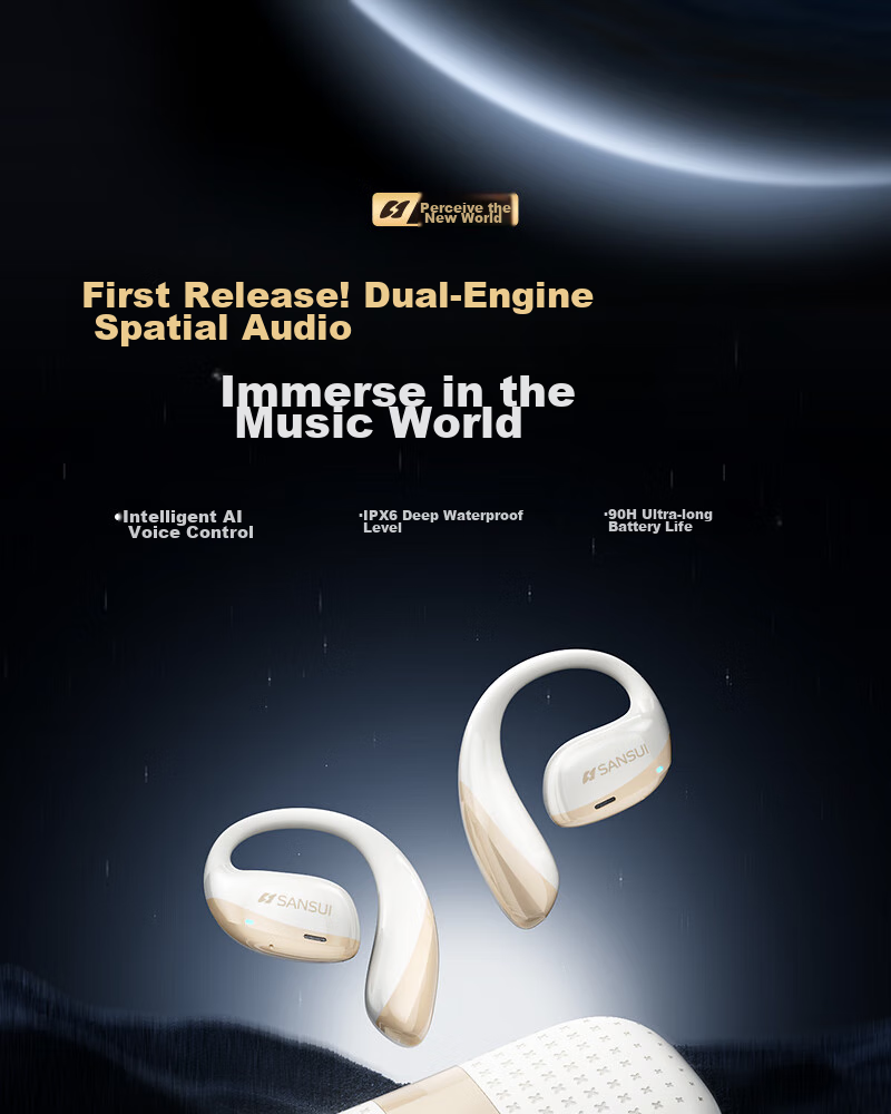 SANSUI [Major New Product | Three Major Upgrades] T19/W19 Bluetooth Headphones, Over-Ear Bone Conduction Concept, Non-In Open Wireless Noise-Cancelling Sports Headphones, Compatible with Xiaomi 3