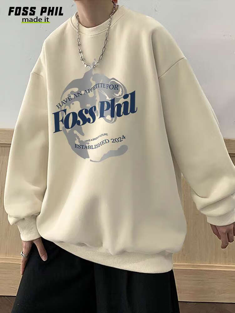 Foss Phil Men's Sweatshirt, Spring And Autumn Fashion Brand, Round Neck Printed Oversized Casual Long-Sleeve Undershirt, FPW1 Black L 9