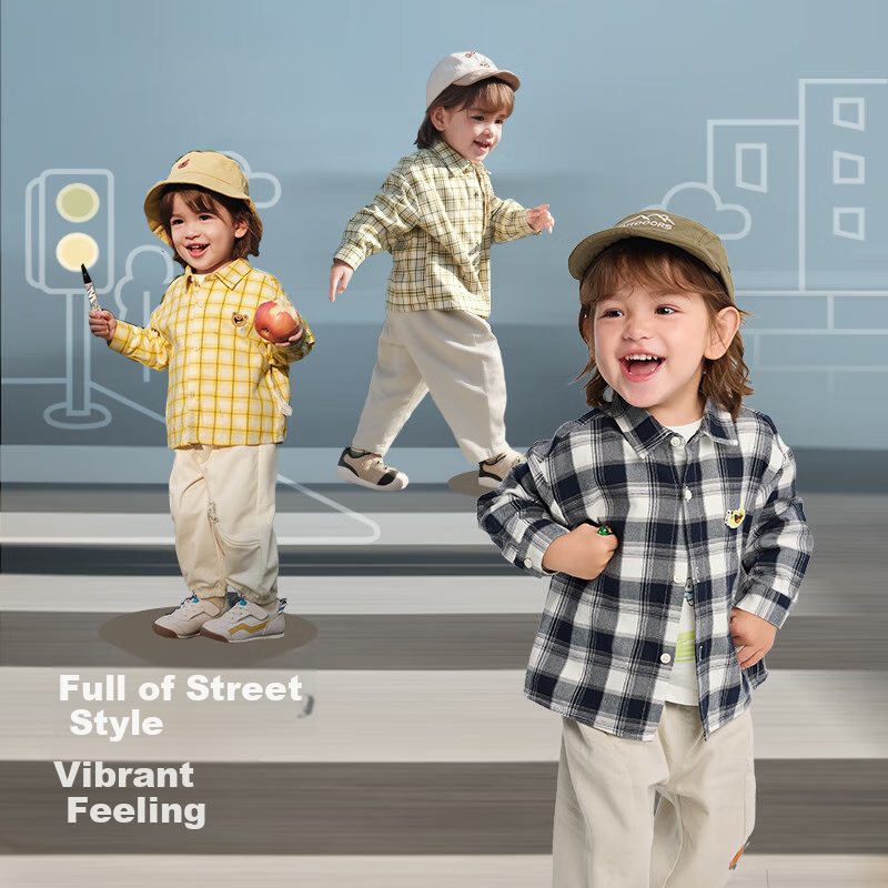 BALABALA Children's Clothing, Baby Boy Shirt, Long-Sleeve Top, Autumn Plaid Jacket, Ultra-Soft Fleece, Skin-Friendly, Comfortable, Cute