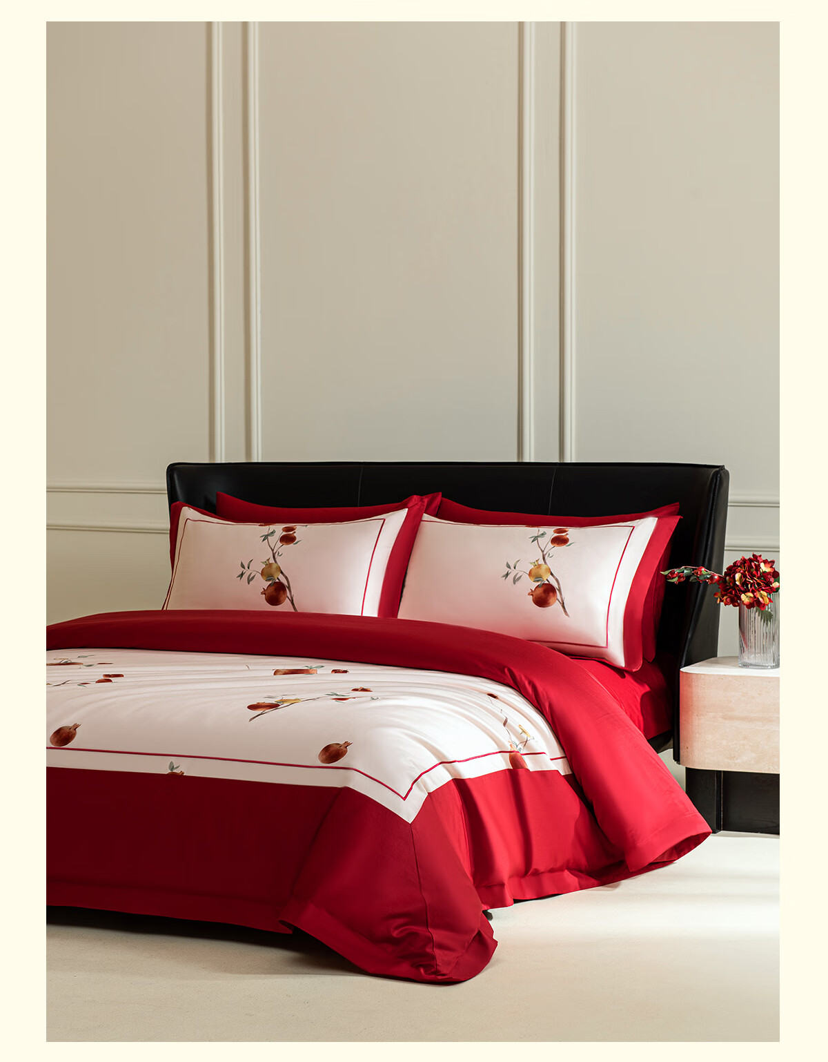 MIDO HOUSE Mingdu 100% Cotton Wedding Bedding Set, Pure Cotton Red Bed Sheet And Duvet Cover, 200X230cm, Pomegranate Flower Patter 9