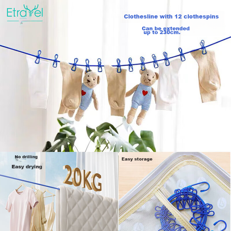 Etravel Travel Clothesline, Outdoor Heavy-Duty Drying Rope, Portable for Business Trips And Hotels, Hanging Drying Strap with 12 Clips