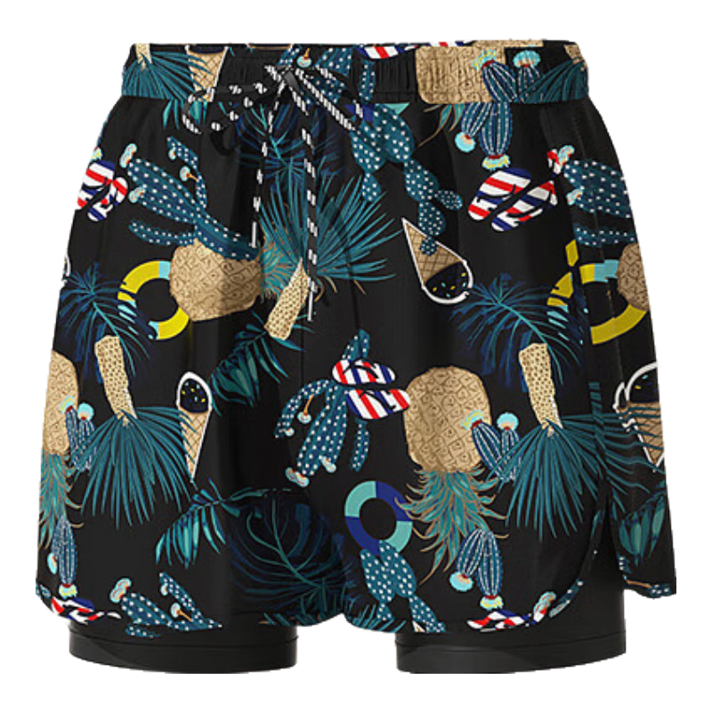 Huili Men's Swim Trunks, Anti-Embarrassment Fake Two-Piece Design, Quick-Drying, Loose-Fitting, Plus Size, Swimming Pool Two-Piece Set, 24022 Black, 5XL