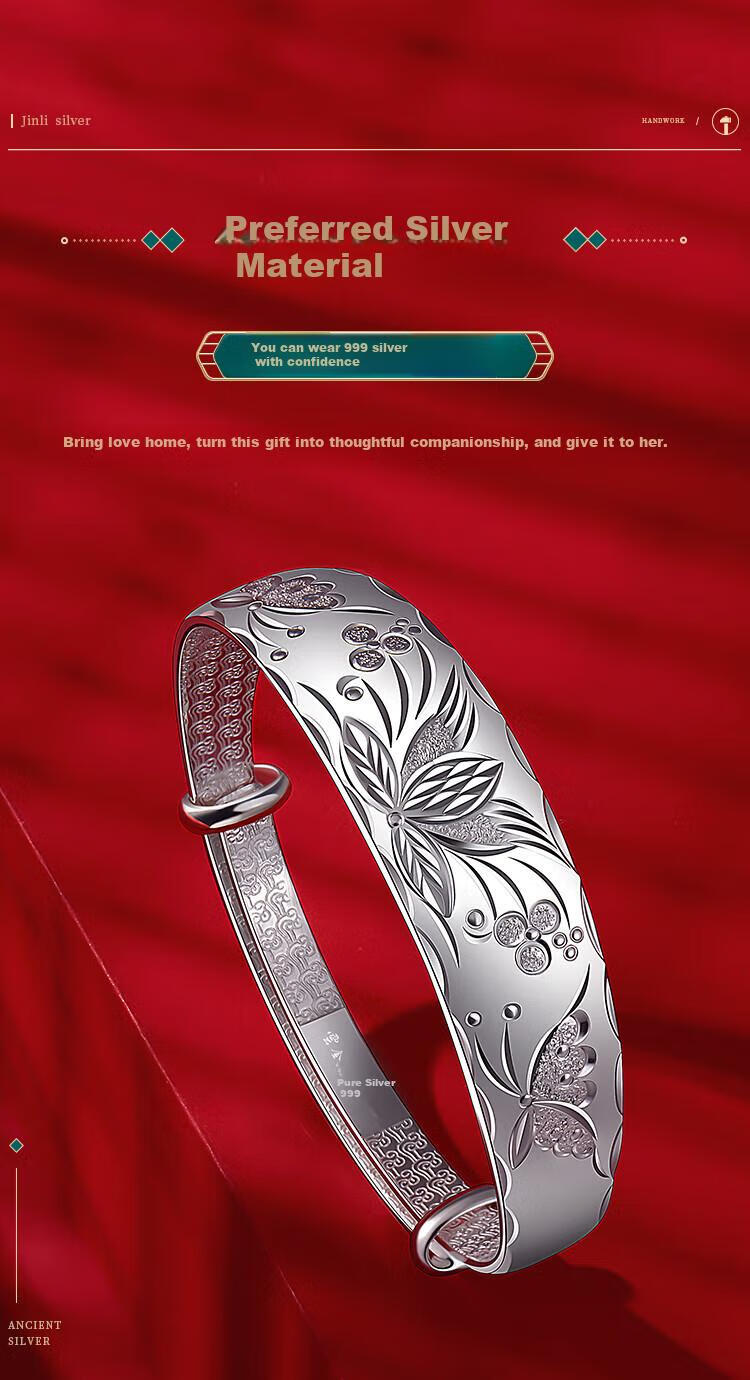 Yunjinli Silver Bracelet for Mom 999 Pure Silver Wide Ethnic Style Embroidered Splendid Years Push-Pull Silver Bangle Birthday Gift for Elders 5