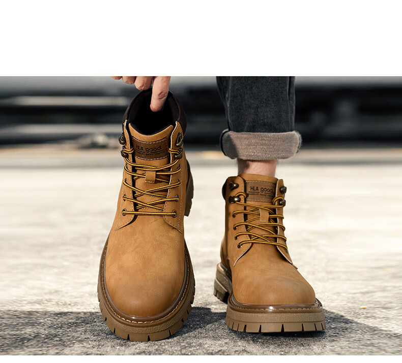 HLA Men's Vintage Martin Boots Outdoor Cotton Work Yellow Boots T121 Khaki (Fleece Lined) Size 42 6