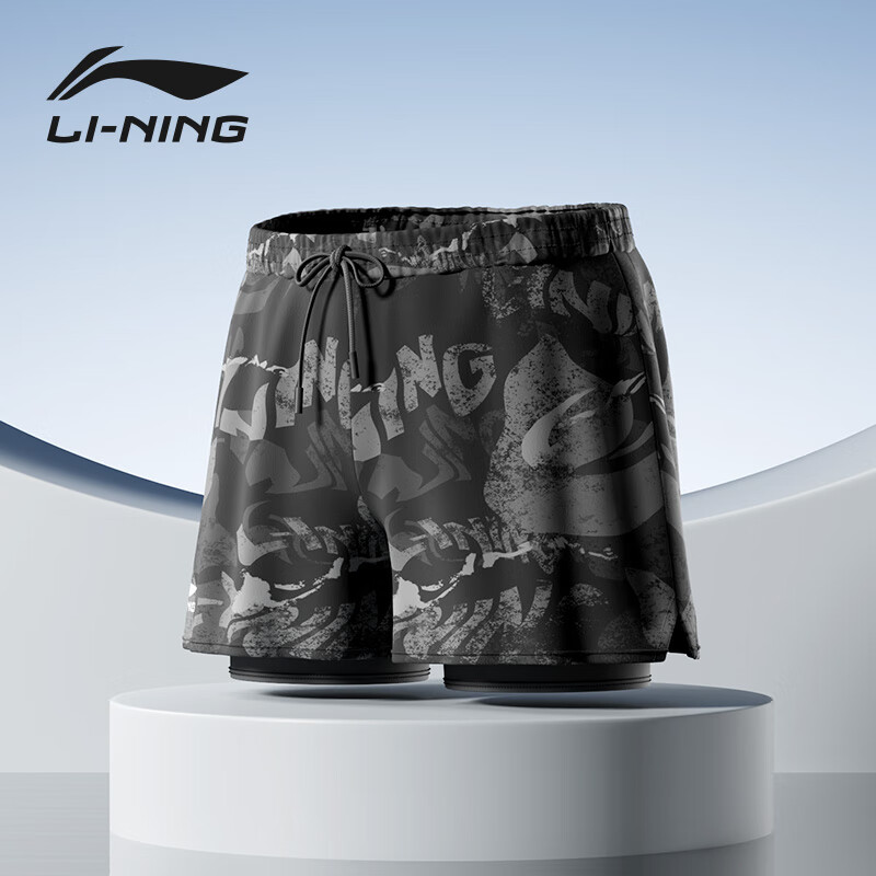 Li-Ning Men's Swim Trunks, Anti-Embarrassment Swimming Shorts, Square Leg, Double-Layered, Water And Land Dual-Use, Floral Pattern Beach Shorts, 901L