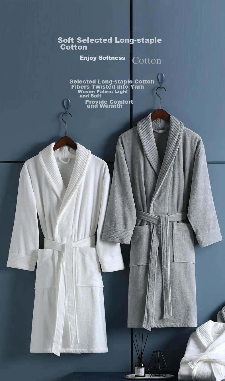 Canasin Five-Star Hotel Pure Cotton Bathrobe, All-Cotton Absorbent Couple Adult Bathrobe Sleepwear Long Style, Elegant Gray, M 3
