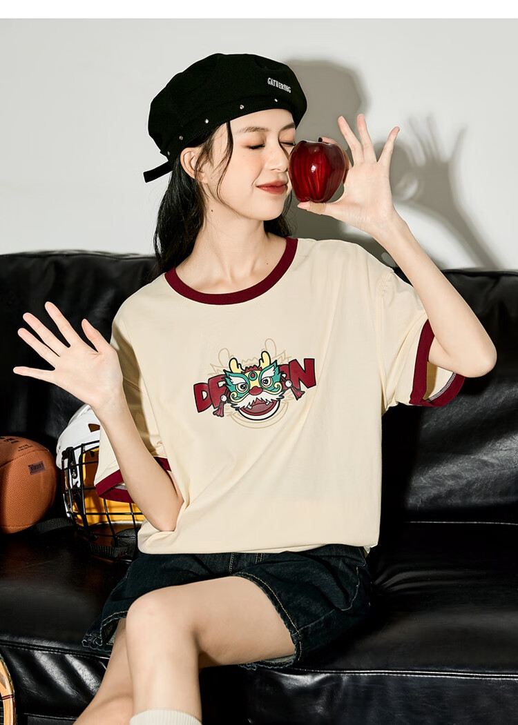 TonLion 2024 Short-Sleeve T-Shirt for Women, Loose-Fitting Top, Year of The Dragon Zodiac Year Inner Wear Tee, Apricot Color, Size S 6