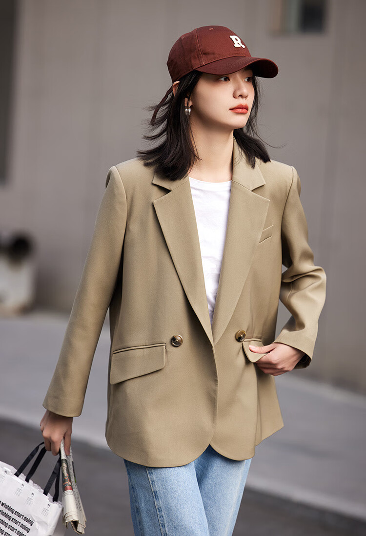 Dme [Turn-Down Collar Blazer] Spring Top, Curved Hem, Loose Suit Jacket for Women, Khaki, Size S 6