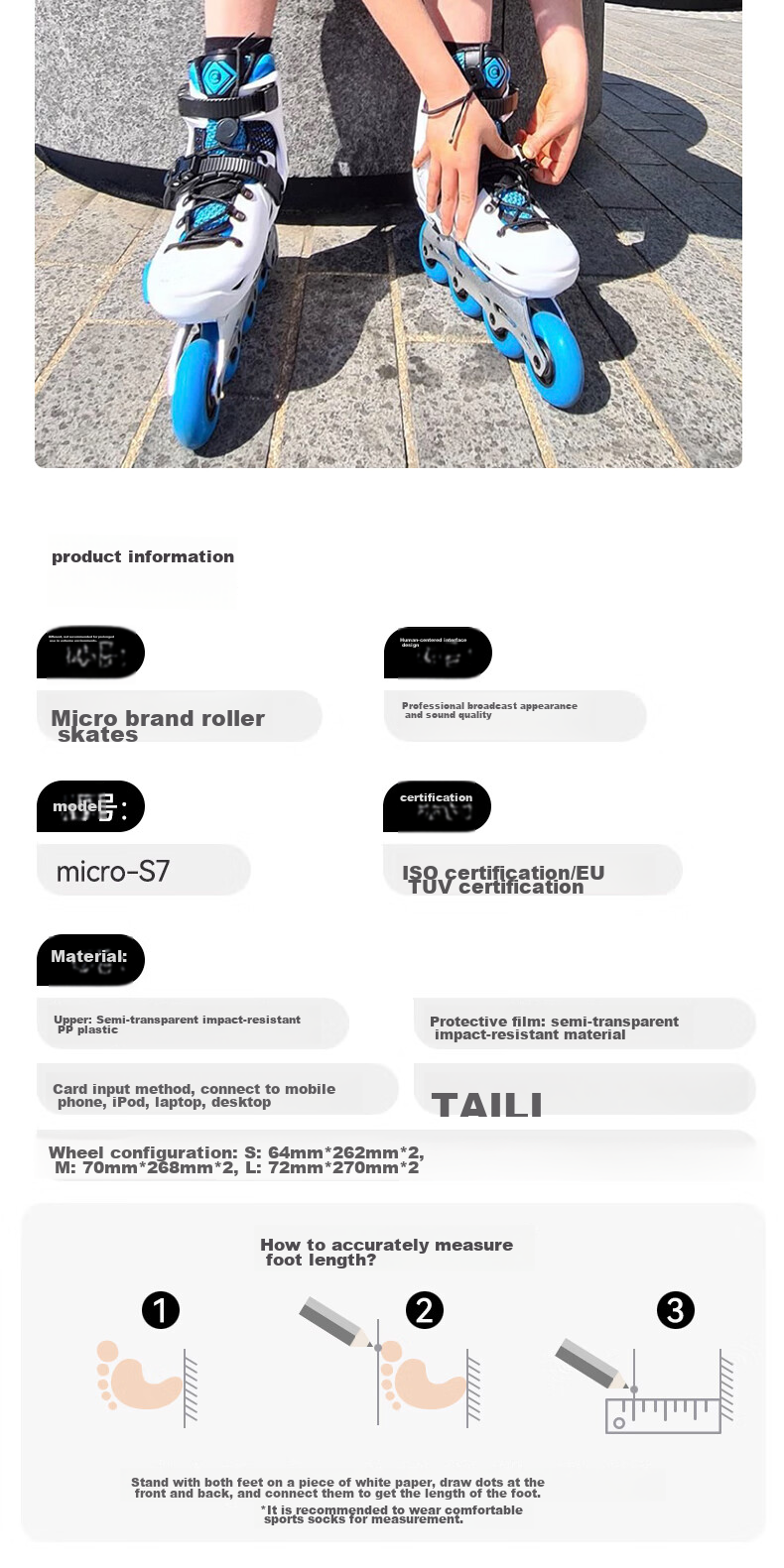 Micro Maiguo Roller Skates for Children, Boys And Girls, Beginner's Inline Skates with Adjustable Wheels, Hard Shell, Figure Skating Style, S7 Blue Package, Size M 17