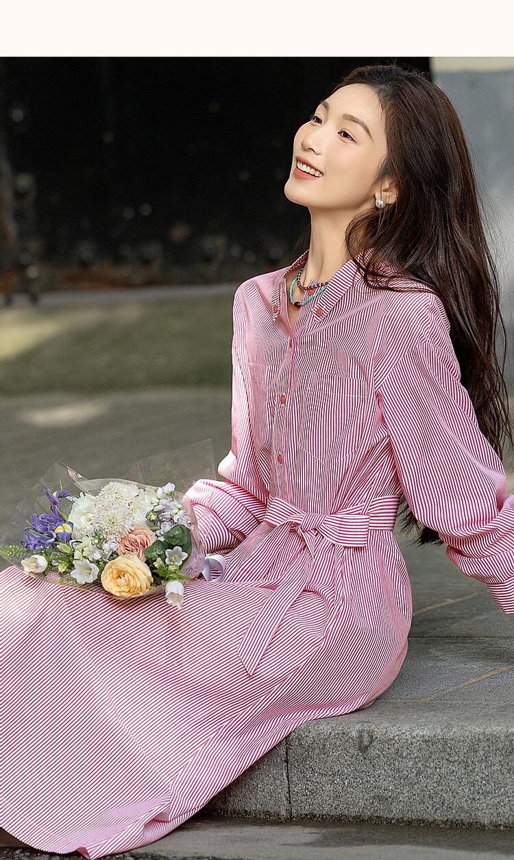 Dme Simple Style Stand Collar Comfortable Cotton Straight Loose-Fitting Dress Shirt-Style Dress for Women, Pink, S 12