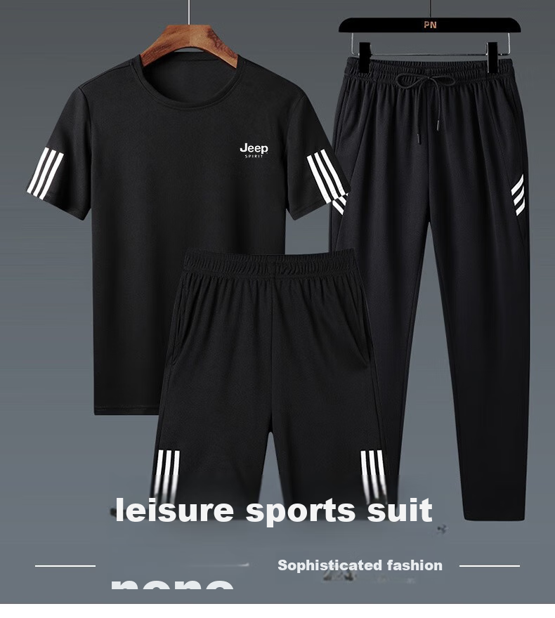 JEEP SPIRIT Men's Summer Short-Sleeve T-Shirt Set, Three-Piece Outdoor Sports Versatile Outfit, White Three-Piece Set, 2XL 6