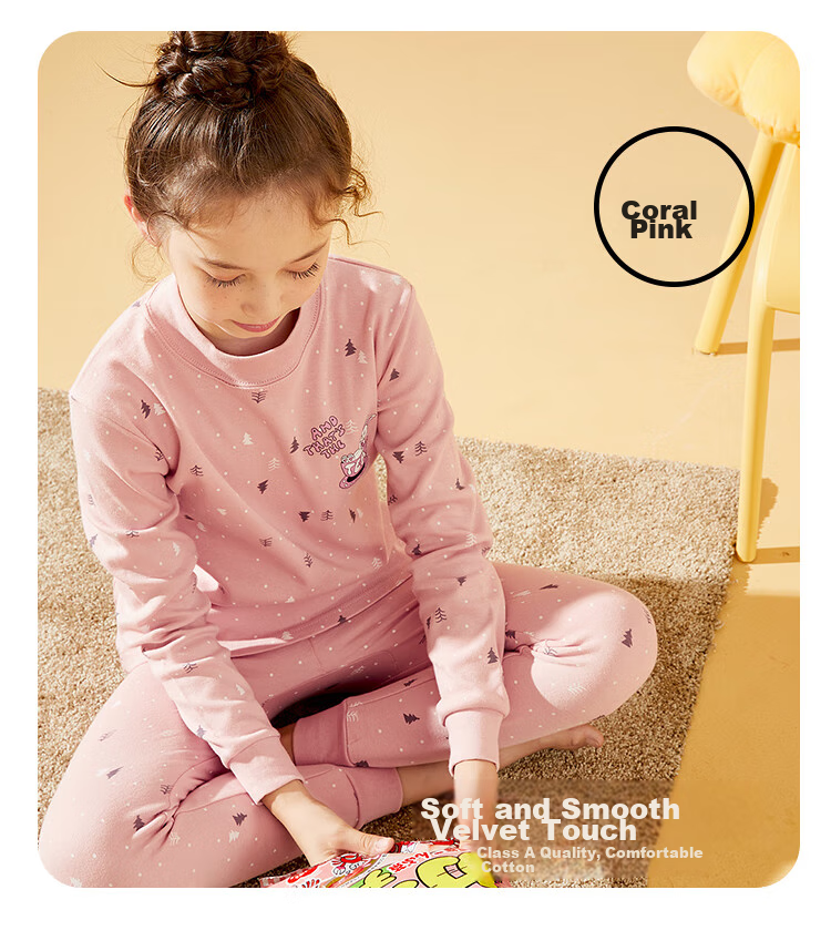 Hodohome Children's Autumn Underwear Set, Girls' Pure Cotton All-Over Print Semi-Turtleneck Thermal Underwear, Big Kids' Pajamas, 112 Pink 120 8